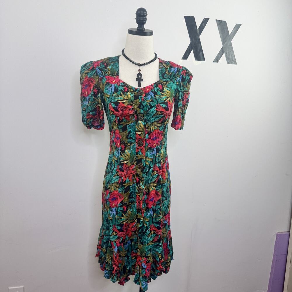 Vintage 80s Floral Rayon Midi Dress Tea Length Flared Hem Romantic S